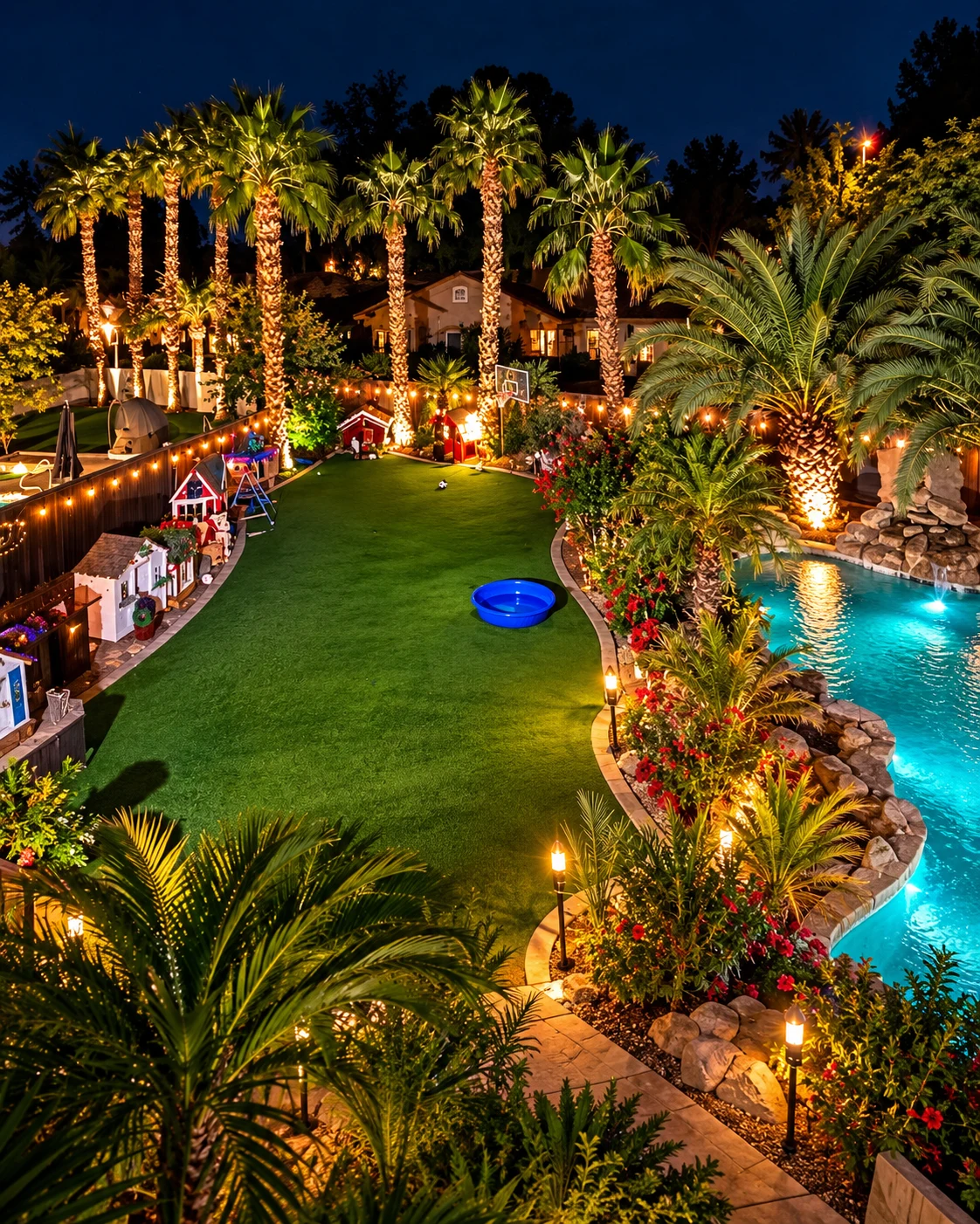 The private Barksville backyard and pool at night